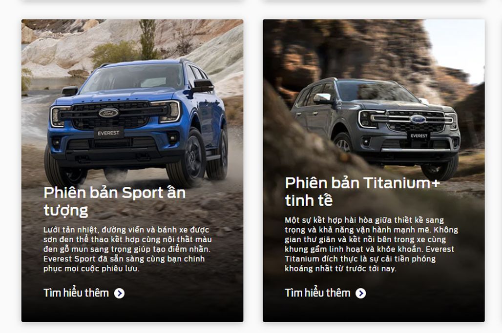 Đó là Ford Everest 2023 sắp bán tại Việt Nam sẽ có hai phiên bản là Titanium+ (cao cấp) và Sport (tiêu chuẩn).